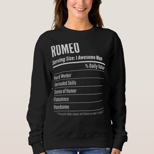 Romeo Serving Size Nutrition Label Calories Sweatshirt (Front)