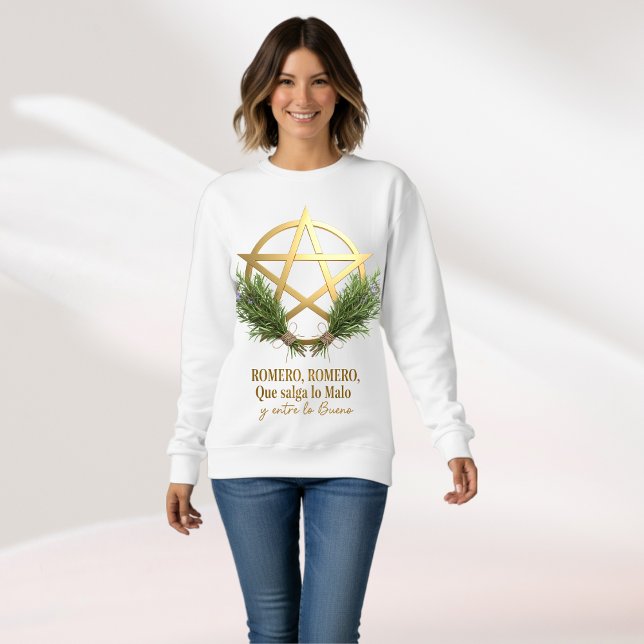 Romero and Pentáculo talismán tradition Celta Sweatshirt (Bonito diseño elegante pentagrama dorado con romero en flor, inspiración bruja verde)