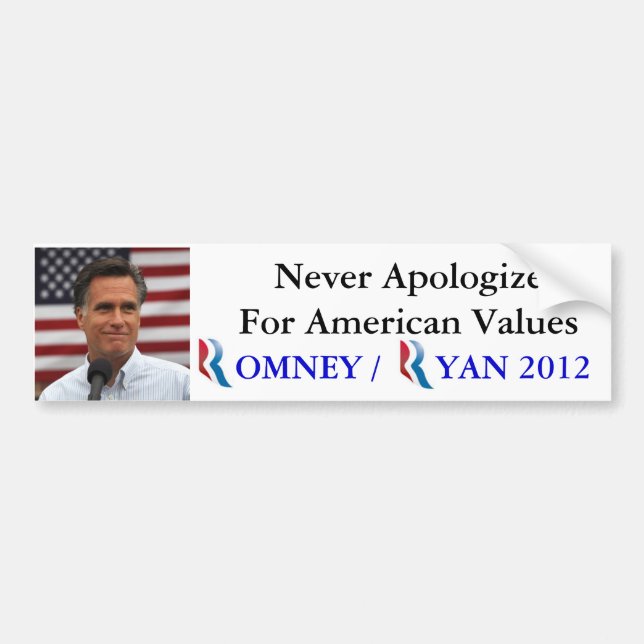 Romney / Ryan 2012 Never Apologise for America Bumper Sticker (Front)