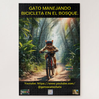 ROMPECABEZA GATO MANEJANDO BICICLETA EN EL BOSQUE. JIGSAW PUZZLE