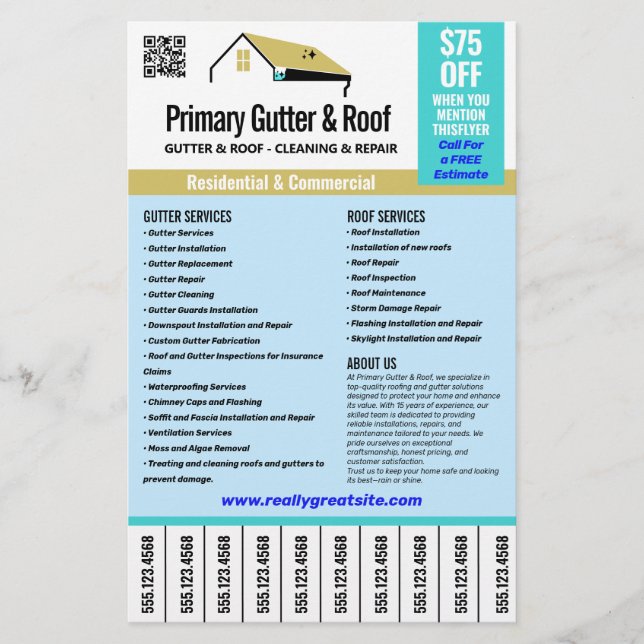 Roof and Gutter Services Tear Off Phone Numbers Flyer (Front)