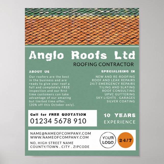 Roof Tiles, Roofer, Roofing Contractor Advertising Poster (Front)