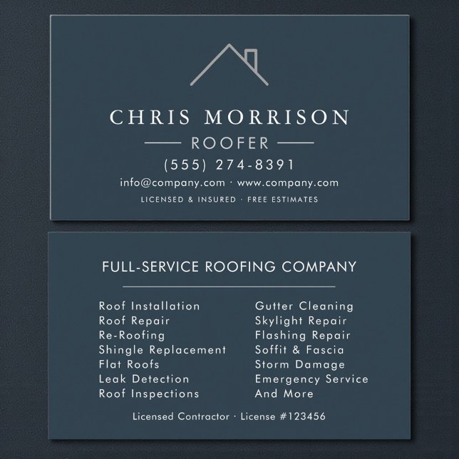  Roofer Blue Silver Modern Roofing Company Business Card (Creator Uploaded)