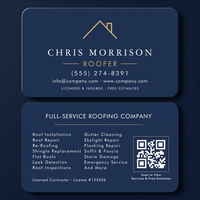 Roofer Navy Blue Gold QR Code Business Card (Creator Uploaded)