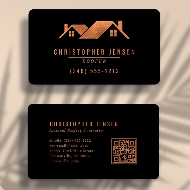 Roofer QR Code Black Copper Rounded Roofing Business Card (Creator Uploaded)