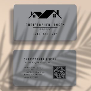 Roofer QR Code Gray Black Rounded Business Card