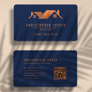 Roofer QR Code Navy Blue Copper Rounded Roofing Business Card