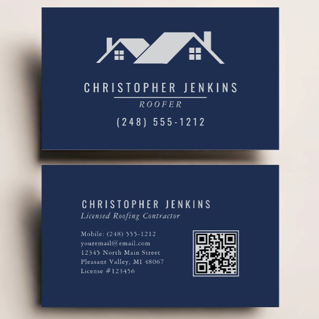 Roofer QR Code Navy Blue Grey Roofing Business Card (Creator Uploaded)