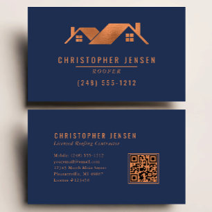 Roofer QR Code Roofing Business Navy Blue Copper Business Card