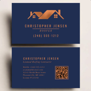 Roofer QR Code Roofing Business Navy Blue Copper Card