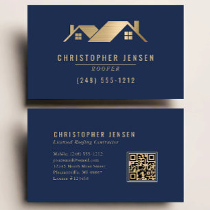 Roofer QR Code Roofing Business Navy Blue Gold Card