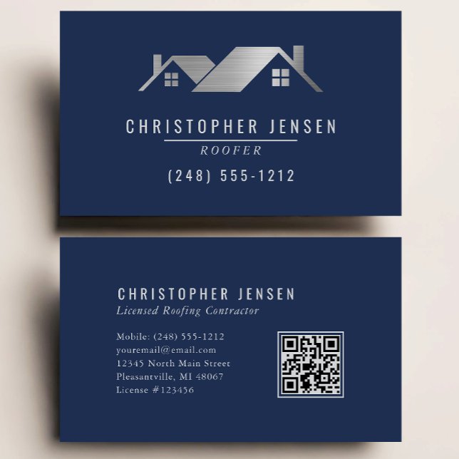 Roofer QR Code Roofing Business Navy Blue Silver Business Card (Creator Uploaded)