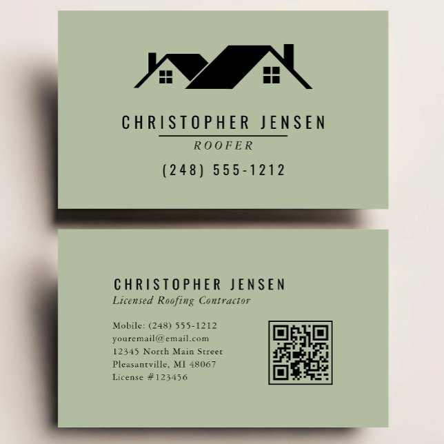 Roofer QR Code Roofing Business Sage Green Business Card (Creator Uploaded)
