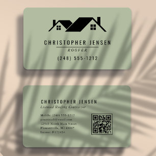 Roofer QR Code Sage Green Rounded Business Card