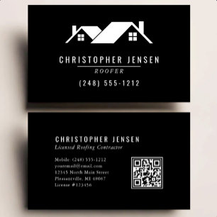 Roofer QR Code Simple Black and White Business Card