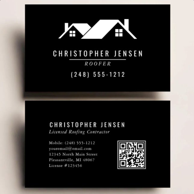 Roofer QR Code Simple Black and White Business Card (Creator Uploaded)