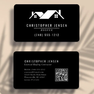 Roofer QR Code Simple Black and White Rounded Business Card