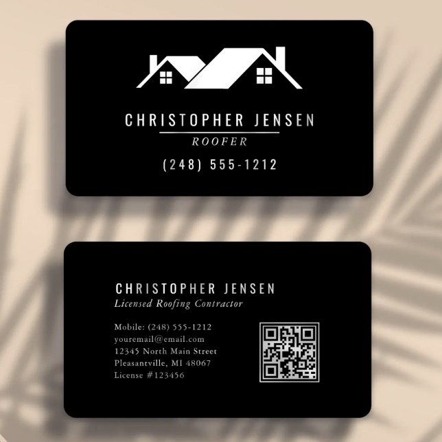Roofer QR Code Simple Black and White Rounded Business Card (Creator Uploaded)