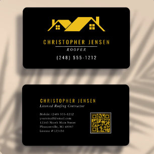 Roofer QR Code Simple Black Yellow Rounded Business Card