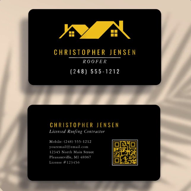 Roofer QR Code Simple Black Yellow Rounded Business Card (Creator Uploaded)