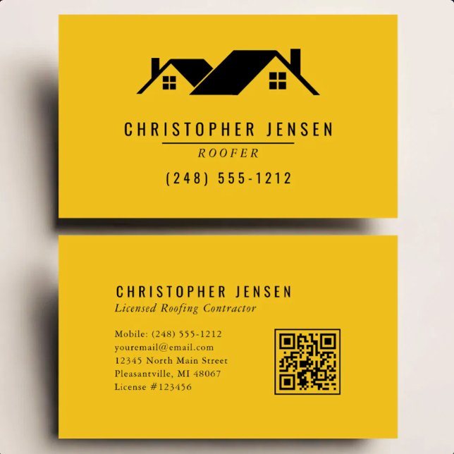 Roofer QR Code Simple Yellow Black Business Card (Creator Uploaded)