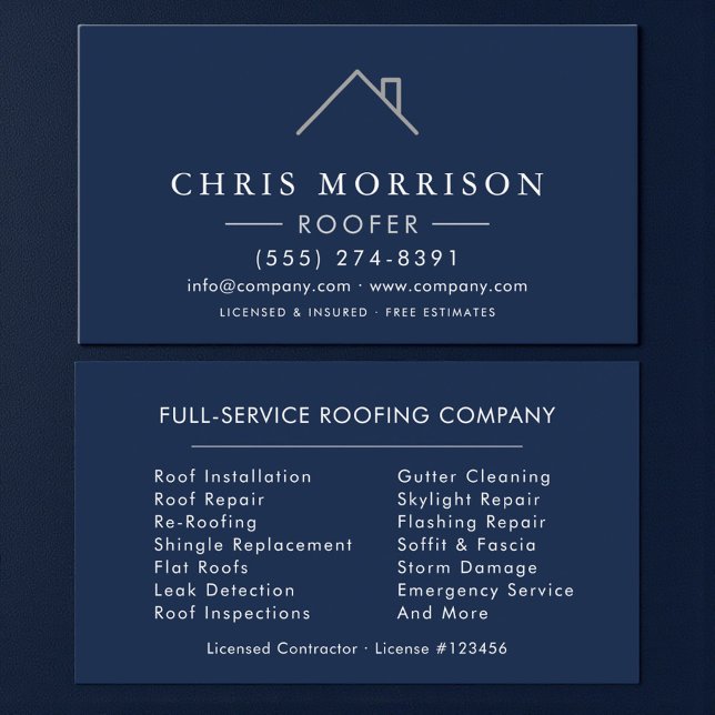 Roofer Roofing Company Navy Blue Silver Business Card (Creator Uploaded)