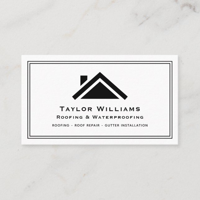 Roofing House Builder Construction Black And White Business Card (Front)