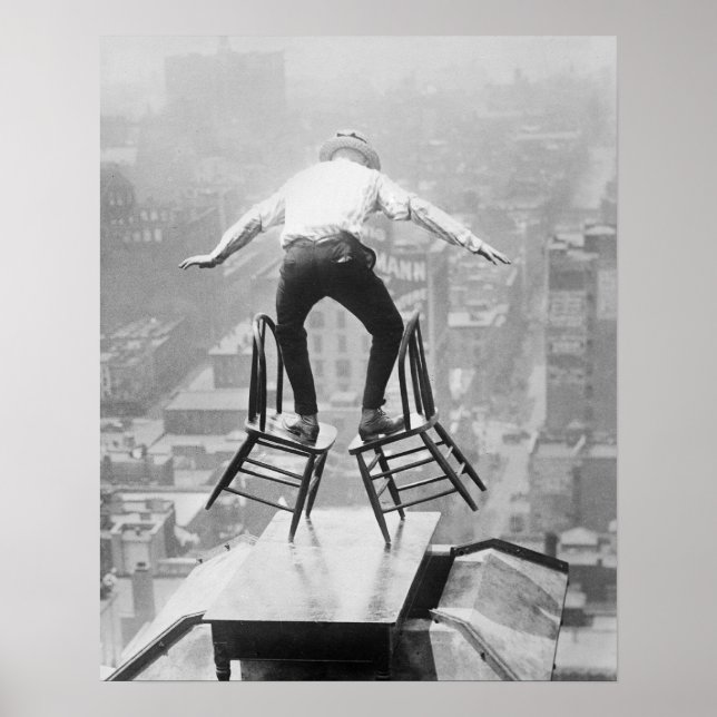 Rooftop Balancing Act, 1910. Vintage Photo Poster (Front)