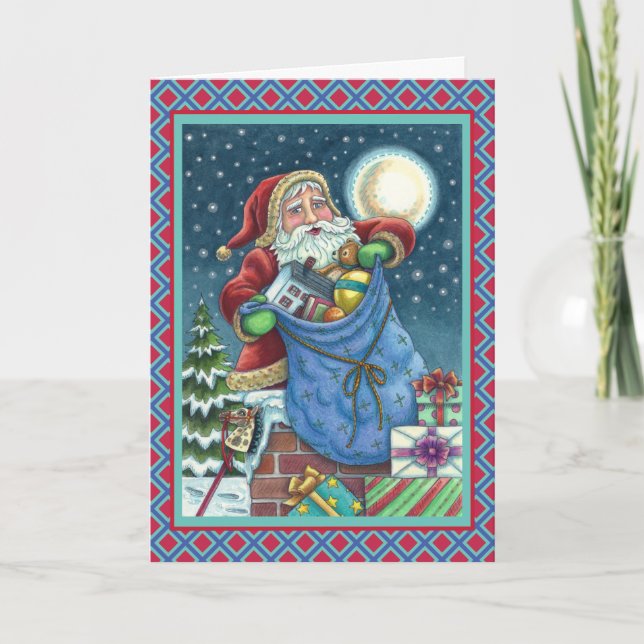 ROOFTOP SANTA BAG OF TOYS, DOLLHOUSE, HOBBYHORSE HOLIDAY CARD (Front)