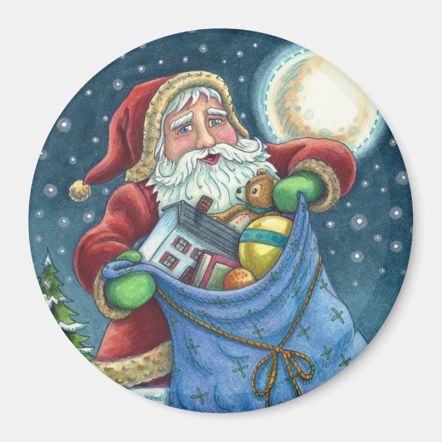 ROOFTOP SANTA BAG OF TOYS, DOLLHOUSE, HOBBYHORSE MAGNET (Front)