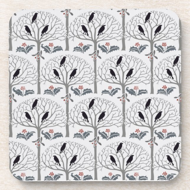 Rook and Holly Pattern Christmas Cork Coaster Set (Front)