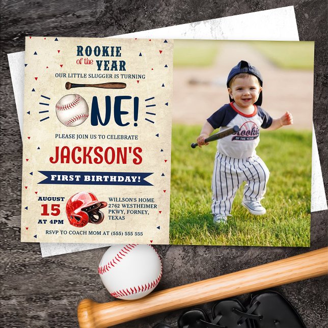 Rookie Baseball 1st Birthday Batter Up Photo Invitation (Creator Uploaded)