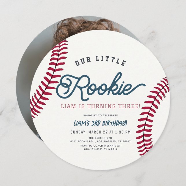 Rookie Baseball Boy Birthday Photo Circle Invitation (Front/Back)