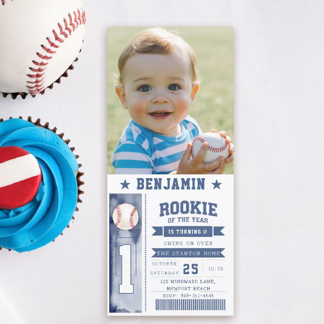 Rookie Baseball Photo Blue Boy Birthday Invitation (boy 1st birthday invitation photo baseball rookie of the year sports ticket blue game time cute)