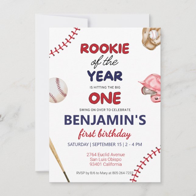 Rookie baseball red blue 1st birthday invitation (Front)