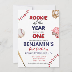 Rookie baseball red blue 1st birthday invitation
