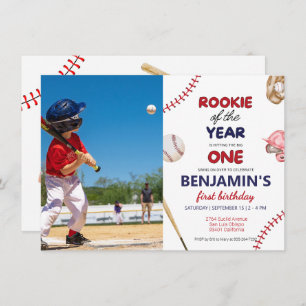 Rookie baseball red blue 1st birthday Photo Invitation