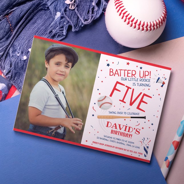 Rookie Batter Up Red Baseball Photo Birthday Invitation (Creator Uploaded)