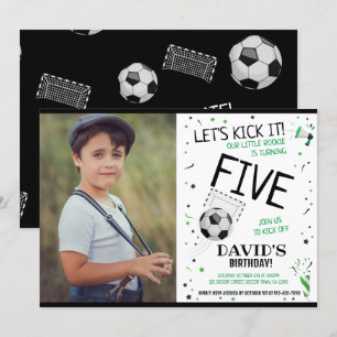 Rookie Let's Kick It Black Soccer Photo Birthday Invitation