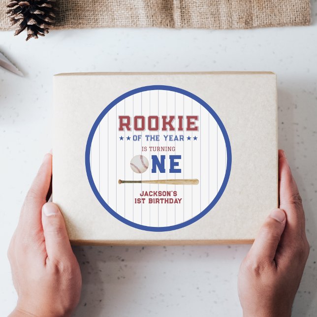 Rookie of the Year 1st Birthday Baseball Classic Round Sticker (Rookie of the year baseball 1st birthday sticker)