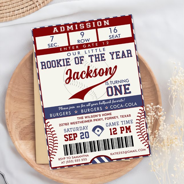 Rookie of the Year 1st Birthday Baseball Ticket Invitation (Creator Uploaded)
