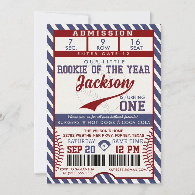 Rookie of the Year 1st Birthday Baseball Ticket Invitation (Front)