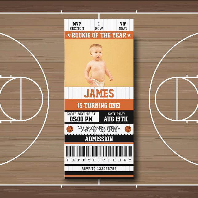 Rookie of the Year 1st Birthday Basketball Ticket Invitation (Creator Uploaded)