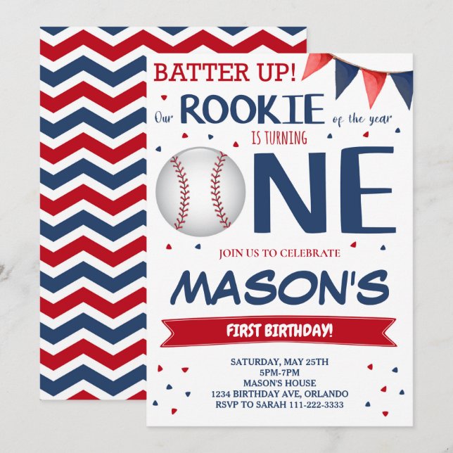 Rookie of the Year Baseball 1st Birthday Invite (Front/Back)