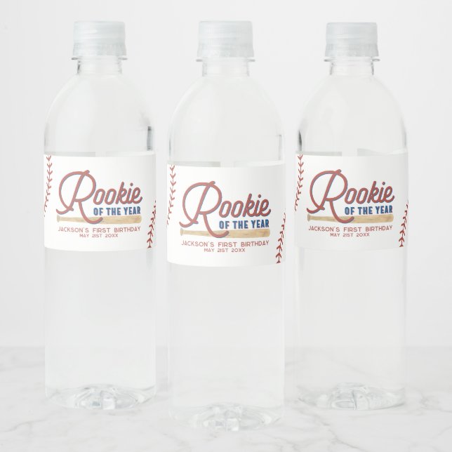 Rookie of the Year Baseball 1st Birthday Party Water Bottle Label (Bottles)