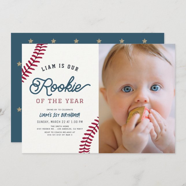 Rookie of the Year Baseball 1st Birthday Photo Invitation (Front/Back)