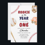 Rookie of the year baseball 1st Sports birthday Invitation<br><div class="desc">Celebrate your little all-star’s big day with this adorable "Rookie of the Year" 1st birthday invitation! Featuring playful baseball-themed illustrations like a bat, glove, ball, and helmet, this sporty design is perfect for your tiny slugger. It’s a charming choice for any baseball-loving family planning a memorable first birthday celebration. Easily...</div>