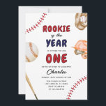 Rookie of the year baseball 1st Sports birthday Invitation<br><div class="desc">Celebrate your little all-star’s big day with this adorable "Rookie of the Year" 1st birthday invitation! Featuring playful baseball-themed illustrations like a bat, glove, ball, and helmet, this sporty design is perfect for your tiny slugger. It’s a charming choice for any baseball-loving family planning a memorable first birthday celebration. Easily...</div>
