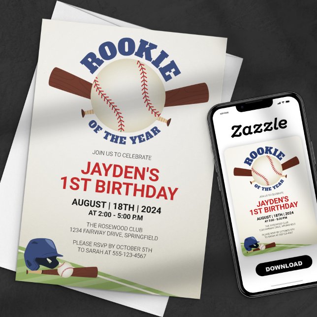 Rookie of the Year Baseball Red Blue Birthday Invitation (Creator Uploaded)