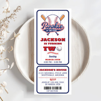 Rookie Of The Year Baseball Ticket 2nd Birthday Invitation